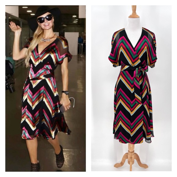 ALICE + OLIVIA Midi Dress Womens 2 Black Rainbow Multi Chevron Burnout Tie Waist - Picture 1 of 16